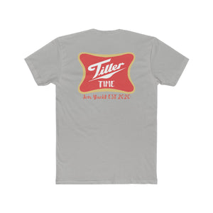 Light gray combed cotton T-shirt with "Tiller Time" red and gold logo, "Jon Yacht EST 2020" below.