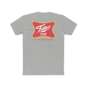 Light gray combed cotton T-shirt with "Tiller Time" red and gold logo, "Jon Yacht EST 2020" below.