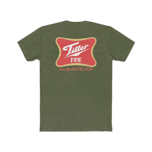 Olive green combed cotton t-shirt with "Tiller Time Jon Yacht EST 2020" logo on back.