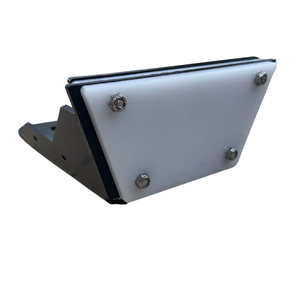 Black powder-coated steel transom motor mount bracket with white plastic plate and four silver bolts.