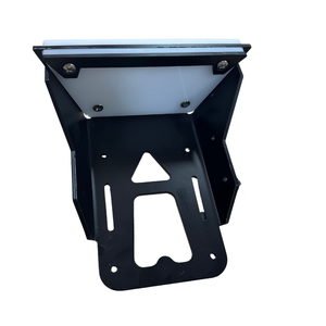 Black heavy-duty powder-coated steel transom motor mount bracket with white mounting plate.