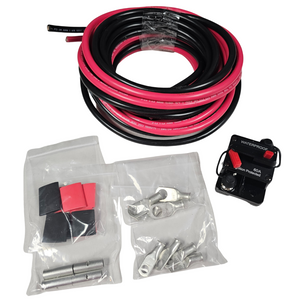 Red and black 6 AWG marine grade wire coil with circuit breaker, ring terminals, and heat shrink.
