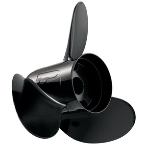 Black, 3-blade aluminum Turning Point Hustler boat propeller, 13.75" x 15 pitch.