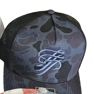 Dark blue camo trucker hat with black mesh back and light blue fishing hook logo.