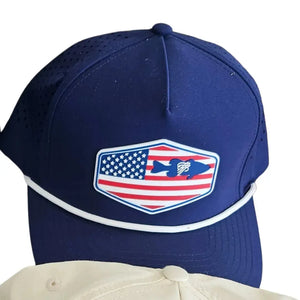 Navy blue performance hat with a patriotic fish logo patch and white rope detail.
