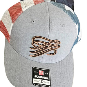 Gray Richardson 112 trucker hat with a brown TTP Outdoors logo and red, white, and blue mesh sides.