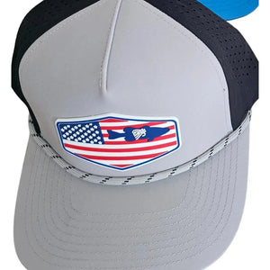 Gray and black TTP Outdoors hat with an American flag patch featuring a fish and squid.