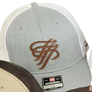 Light gray TTP Outdoors trucker hat with white mesh back, featuring a bronze fishing hook logo.