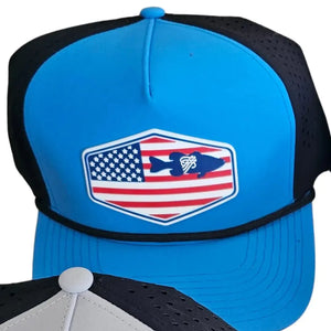 Blue and black trucker hat with an American flag and fish logo.