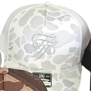 White camo trucker hat with grey embroidered logo, mesh back.