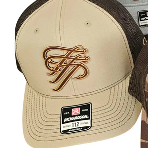 Tan Richardson 112 Trucker hat with brown mesh back and a brown fishing hook logo.