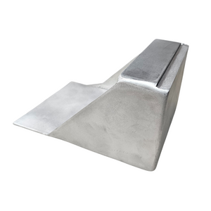 Raw aluminum clamp-on trolling motor mount with a built-in catch lip, ready for painting.