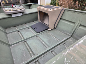 Tan Revolution Products Universal Jon Boat Tiller Console with open black door, mounted in a green jon boat.