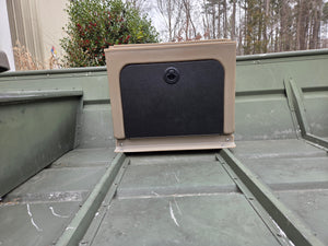 Tan Universal Jon Boat Tiller Console with a black storage door, mounted on a green jon boat.