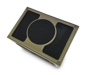 Revolution Products Universal Jon Boat Tiller Console, olive green and black, top-down view.