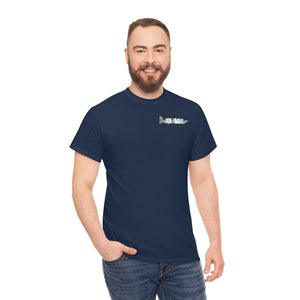 Smiling man in a navy blue "Wastin Time Heavy" cotton tee with a small "JON YACHT" logo.
