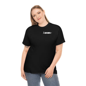 Woman wearing a black cotton classic fit "Wastin Time Heavy" tee with a small gray "JON YACHT" logo.
