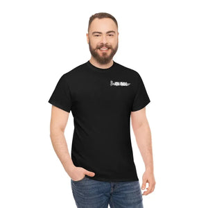Smiling man wearing a black "Wastin Time Heavy" cotton tee with a small gray boat logo.