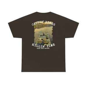 Brown cotton "Castin' Lines Killin' Time" t-shirt featuring a fishing boat graphic.