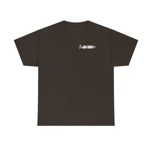 Dark brown heavy cotton t-shirt with a small "JON YACHT" graphic and knife design on the chest.