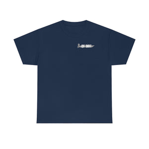 Navy blue heavy cotton tee with a small "JON YACHT" knife graphic on the chest.