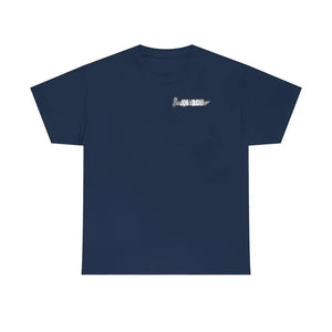 Navy blue heavy cotton tee with a small "JON YACHT" knife graphic on the chest.