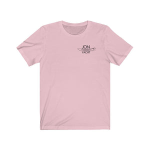 Light pink short sleeve t-shirt with "JON YACHT" text and boat graphic on the left chest.