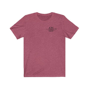 Heather raspberry short-sleeve tee with "JON YACHT" and boat graphic on the left chest.
