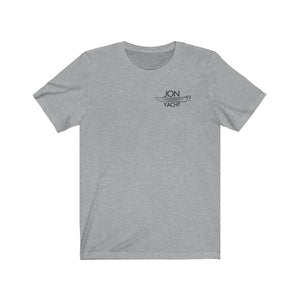 Gray short-sleeve tee with "JON YACHT" text and boat graphic on the left chest.