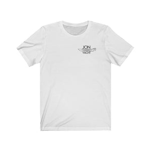 White cotton short sleeve tee with "JON YACHT" and boat graphic on left chest.