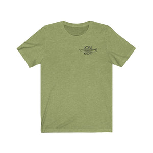 Olive green cotton t-shirt with "JON YACHT" and a boat graphic on the left chest.