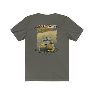 Charcoal grey cotton tee with "Castin' Lines Killin' Time" text and a fishing boat graphic.