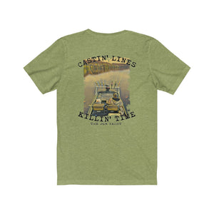 Light olive green short sleeve t-shirt with "Castin' Lines Killin' Time" and a fishing boat graphic.