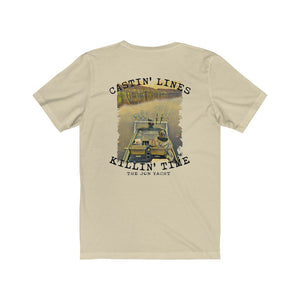 Light beige cotton t-shirt with "Castin' Lines Killin' Time" text and a fishing boat graphic.