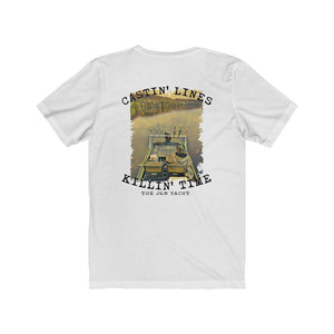 White short sleeve tee with "Castin' Lines Killin' Time" text and a fishing boat graphic.