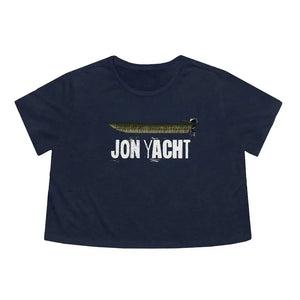 Navy blue women's flowy cropped tee with a "JON YACHT" graphic and a green jon boat design.