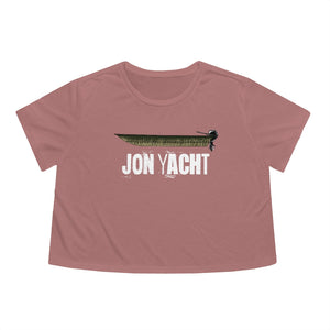 Women's flowy cropped tee in dusty rose with "JON YACHT" graphic and boat design.
