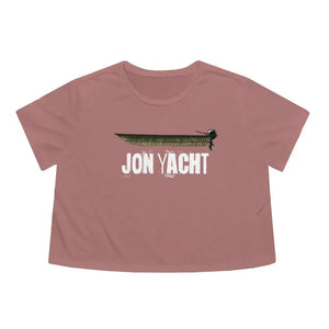 Women's flowy cropped tee in dusty rose with "JON YACHT" graphic and boat design.