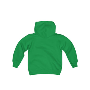 Back view of a green youth heavy blend hooded sweatshirt with long sleeves and a hood.