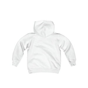 Back view of a plain white youth heavy blend hooded sweatshirt with ribbed cuffs and hem.
