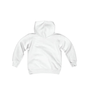 Back view of a plain white youth heavy blend hooded sweatshirt with ribbed cuffs and hem.
