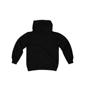 Back view of a black youth heavy blend hooded sweatshirt with a kangaroo pocket.