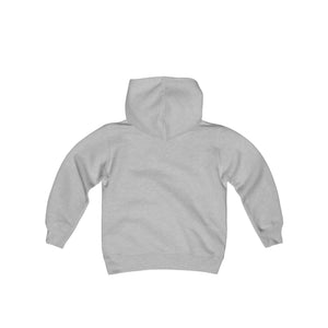 Back view of a light gray youth heavy blend hooded sweatshirt with long sleeves and a relaxed fit.