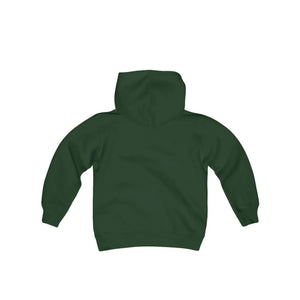 Dark green youth heavy blend hooded sweatshirt, back view, with a spacious hood and ribbed cuffs.