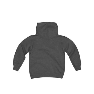Dark gray youth heavy blend hooded sweatshirt, back view, with a hood and long sleeves.