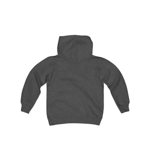 Dark gray youth heavy blend hooded sweatshirt, back view, with a hood and long sleeves.