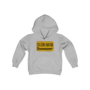 Youth Heavy Blend Hooded Sweatshirt in light gray with a "TILLER MAFIA" graphic and kangaroo pocket.
