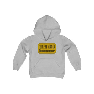 Youth Heavy Blend Hooded Sweatshirt in light gray with a "TILLER MAFIA" graphic and kangaroo pocket.