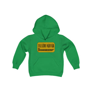 Youth green hooded sweatshirt with "TILLER MAFIA" in a yellow distressed box on the front and a kangaroo pocket.