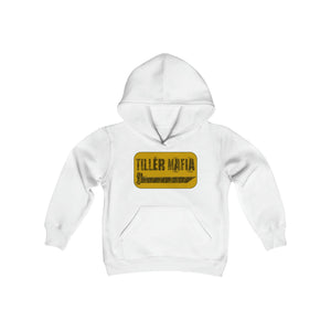 White youth hooded sweatshirt with "TILLER MAFIA" graphic and kangaroo pocket.